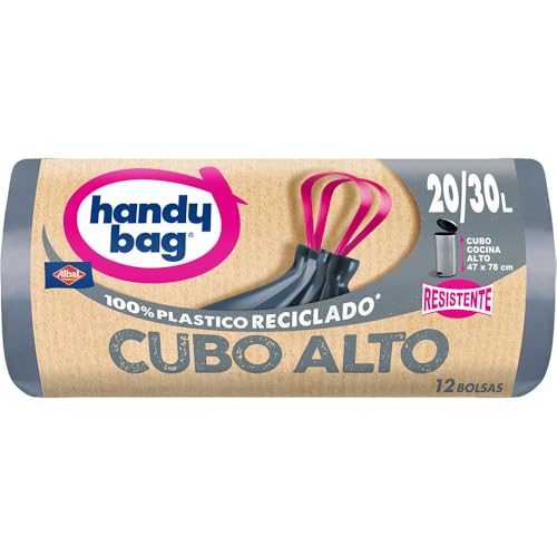 Handy Bag Bolsas de Basura Cubo Alto - Bolsas para cubo de basura alto de cocina, extra resistente y antigoteo, autocierre, 100% plástico reciclado, 20-30L, 12 bolsas