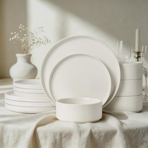 Image of Stoneware Dinnerware Sets for 4, 12Pcs Plates and Bowls Set, Cream White | Handmade Reactive Glaze Ceramic Dishes, Microwave and Dishwasher Safe, Modern Minimalist Ribbed Tableware for Everyday Use