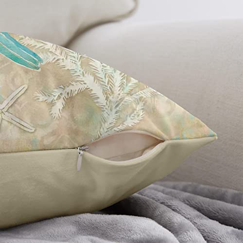 Coastal Pillow Covers Set of 2 Vintage Mediterranean Beach Ocean Themed Seashell Starfish Velvet Couch Pillow Cases Outdoor Sofa Cushion Cover Decor for Bed Living Room, 18x18