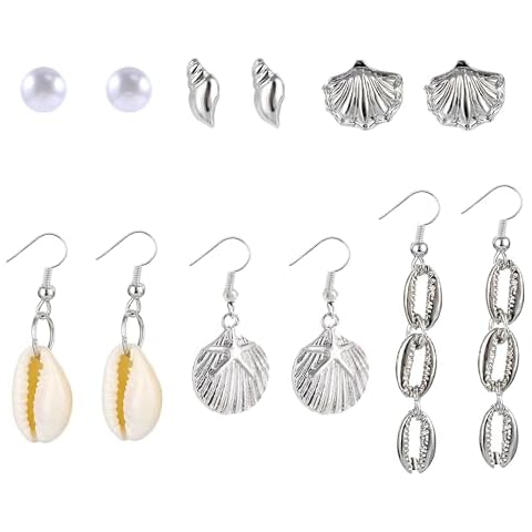 Beach Shell Dangle Earrings for Women, 6pairs Bohemian Seashell Long Drop Earrings, Pearl Conch Stud Summer Boho Jewelry Cover