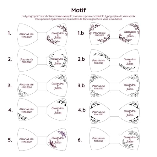 Noeud papillon en bois personnalisé, taille adulte, ado, enfant, bébé, bois de peuplier, nom des mariés, date, mariage champêtre, création unique, noeud papillon bois gravé, fait main en France – vue 3