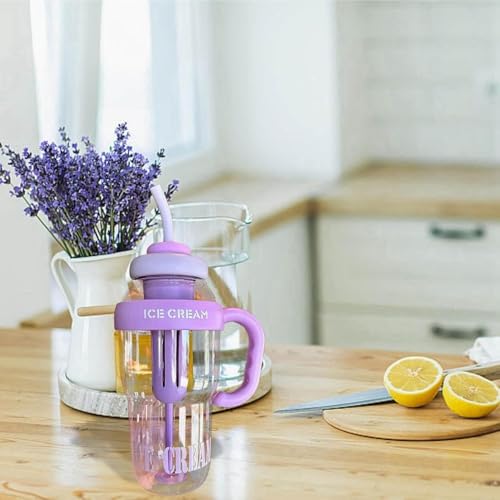 Image of 1300ml Large Capacity Insulated Transparent Tumbler Bottle with Straw & Handle, Leakproof Detox, Green Tea, Milkshake, Beverages, Juice & Cold Drinks | Gym, Travel, Office & Fitness (PURPLE)