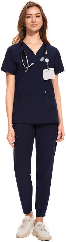 Medical Scrubs for Women Set - Curved V-Neck Scrub Top & Jogger Pants with 8 Pockets Navy Blue Small