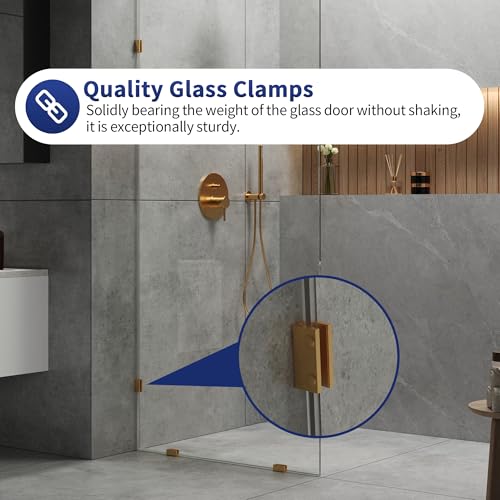 Image of DeerValley 34 inchx74 inch Shower Glass Panel, 5 /16'' (8mm) Thick Fixed Glass Shower Panel, Frameless Shower Screen for Walk in Shower, Tempered Glass Half Door with Stainless Steel Clamps (Gold)