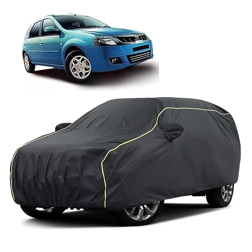 Image of Sulfar 100% Water Resistant Car Body Cover Compatible with Mirror for Mahindra Verito Vibe (Triple Stitched, Full Bottom Elastic, Dark Grey Taffeta with Yellow Piping)