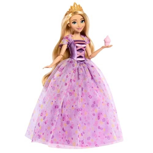 Mattel Disney Princess Celebración de cumpleaños Rapunzel, Muñeca princesa con vestido estampado de confeti, de la película Enrededados, juguete regalo para niños y niñas +3 años, HYC38