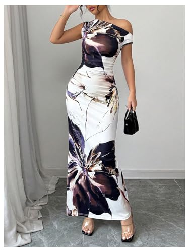 Image of GORGLITTER Women's Floral One Shoulder Sleeveless Bodycon Maxi Dress Ruched Split Backless Beach Vacation Dresses