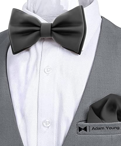 Image of Adam Young Men's Bow Ties with Handkerchief Pre-Tied Style Formal Satin Classic Bowtie for Tuxedo Faux Silk