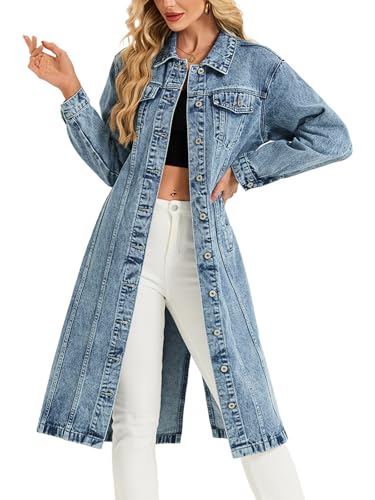 LifeShe Women Denim Jacket Button Down Maxi Long Jean Trench Coat With Pocket