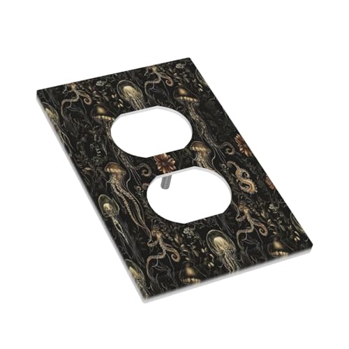 Decorative Outlet Covers Black Gold Jellyfish Squid Deep Sea Creatures 1 Gang Duplex Light Switch Cover Plate Unique Wall Plate Electrical Switch Plate Covers for Bedroom Home Decor