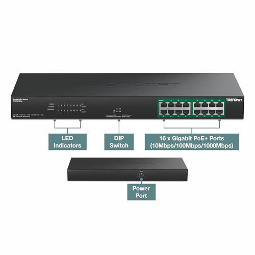 Image of TRENDnet 16-Port Gigabit PoE+ Switch, TPE-TG160g, 16 x Gigabit PoE+ Ports, 246W PoE Power Budget, 32 Gbps Switching Capacity, Ethernet Splitter, Metal, Lifetime Protection, Black