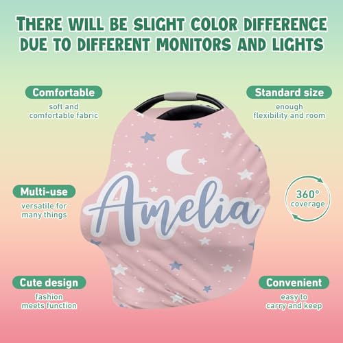 Image of Custom Car Seat Covers for Babies - Breathable Baby Car Seat Cover for Girls Boys, Pink Moon Kick-Proof Newborn Carrier Canopy Stretchy Stroller Cover for 4 Seasons