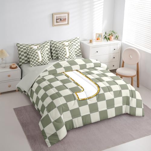 Image of Erosebridal Sage Green Checkered Queen Bedding Set 7 Piece Plaid Initial J Bed in A Bag with Sheets Personalized Monogram Comforter Set for Kids Adults,Fashion Grids Gingham Bed Sets