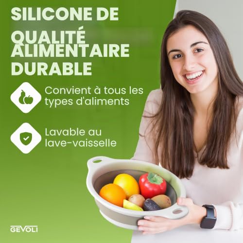 GEVOLI Passoires pliables (lot de 2) – Passoires alimentaires avec base d’égouttage pour évier, idéales pour pâtes, fruits et légumes (4 L et 5 L) – Blanc/Beige – vue 6