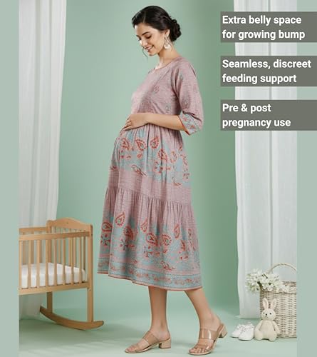 Image of DUMMY SHAPE Feeding Kurtis for Women Cotton Blend | Printed Pregnancy Flare Kurta with Dual Nursing Zippers to Pre & Post Partum | Maternity Dresses | Gifts for Pregnant Woman