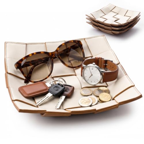 Junkin 3 Pack Large Valet Tray for Women Men Leather Catchall Tray Key Bowl for Entryway Table Key Holder Nightstand Desktop Storage Organizer for Jewelry Watch Wallet Coin Men's Gift