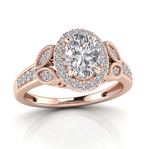 Pretty Jewels Leaf Style, Center 7.5X5.5Mm Oval Cut Lab Created Moissanite And Natural White Diamond Halo Solitaire Engagement Rings For Women In 14K Rose Gold Gift For Her (1.25 Cttw) Size-10 #TOP25