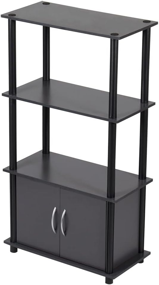 Home Basics 4 Tier Shelf Organizer with Cabinet (Grey) Contemporary Cabinet Shelves for Décor, Bins, and More | Tall Cabinet Storage Shelf Rack