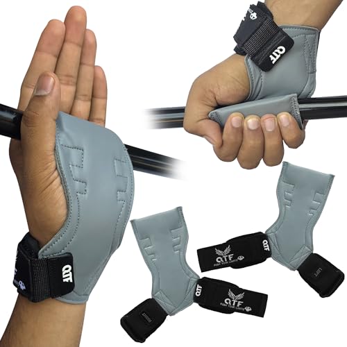 QTF Weight Lifting Grips (Pair) for Heavy Powerlifting, Wrist Straps for Deadlifts, Rows, Pull Ups, with Neoprene Padded Wrist Wraps Support and Strong Rubber Gloves or Straps for Bodybuilding. (Grey-, M)