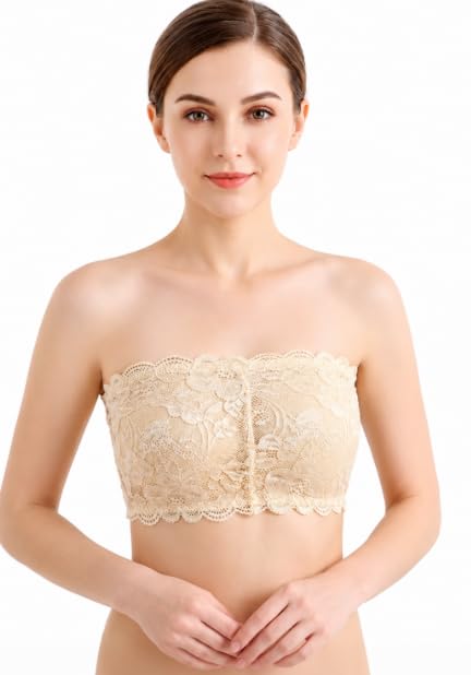 Women’s Lace Strapless Bandeau Bralette Tube Top with 3-Hook Back, Padded & Seamless Bra (Stylish, Sexy, Sleeveless, Off-Shoulder, Non-Slip) – Black, White & Cream-picture-28