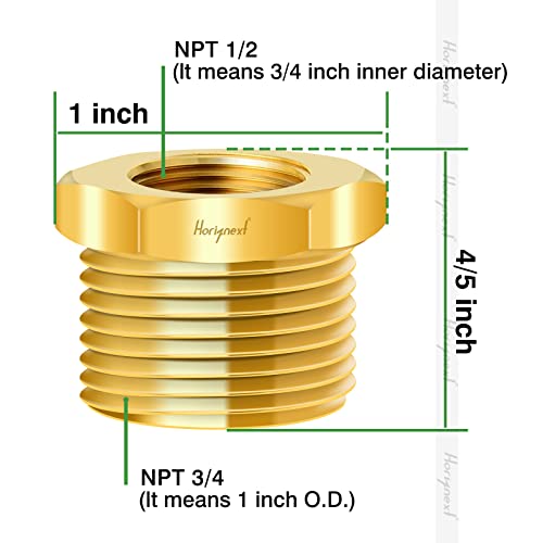 Horiznext NPT1/2 female to npt 3/4 male thread brass reducer, pipe bushing fitting garden pvc hose adapter for pex tubing air gas water fuel line plumbing(2 pcs) - Thumbnail 2