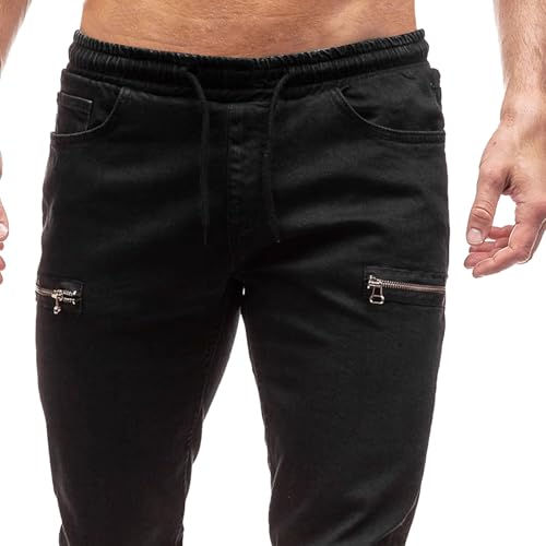 Elastic Waist Jeans for Men Slim Fit Stretch Drawstring Denim Pants with Zipper Ankle Design4
