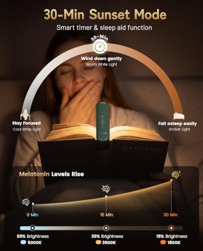HIONXMGA Book Light Rechargeable, Eye-Care Clip on Reading Light for Books in Bed, 3 Color & Stepless Dimming, 140H Long Lasting Book Lights for Reading at Night, Gifts for Book Lovers(Green) — view 5