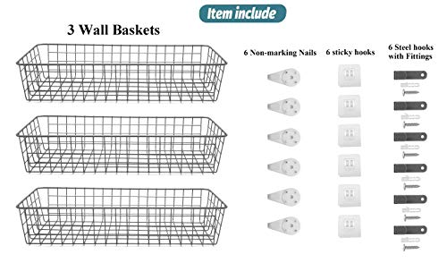 3 Set Hanging Wall Baskets For Storage,Wire Baskets For Organizing,Wall Mount Wire Basket Shelf Organizing Decor For Bedroom Farmhouse Kitchen Bathroom Pantry,Over The Door Organizers.industrial Gray #TOP4