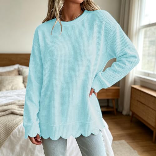 Scalloped Tunic Sweatshirt for Women Waffle Knit Long Sleeve Fal Outfits - image 3
