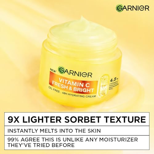 Image of Garnier Fresh & Bright Vitamin C Sorbet Gel Face Moisturizer Cream, 45g | 4.5% Vit C + Hyaluronic Acid + Niacinamide + BHA, For Hydration & Dark Spot Reduction, For Oily, Normal & Combination Skin