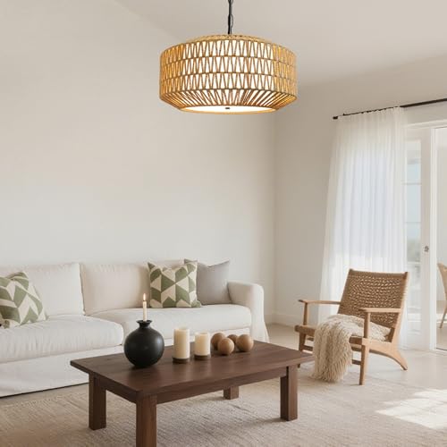 Aulaiyi Farmhouse Chandelier Light Fixture, 5-Light Boho Rattan Chandelier with Fabirc Shade, Handwoven Farmhouse Hanging Light Fixture for Dining Room, Natural Original Color, 16'' by Aulaiyi - Image 7