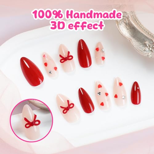 Image of Red Press on Nails Bow Fake Nails with Heart Design Medium Almond Nail Press ons Reusable Glossy Full Cover Valentines Glue on Nail for Women Girls Manicure 24Pcs
