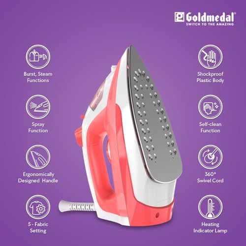 Image of Goldmedal Impress 1600W Steam Iron| Non-stick Premium Double Coated Soleplate| 5 Fabric Setting|1.8 Meter Cord|360 Swivel Cord| Indicator Lamp for Heating| 2.5 Years Warranty| Light Weight (Orange)