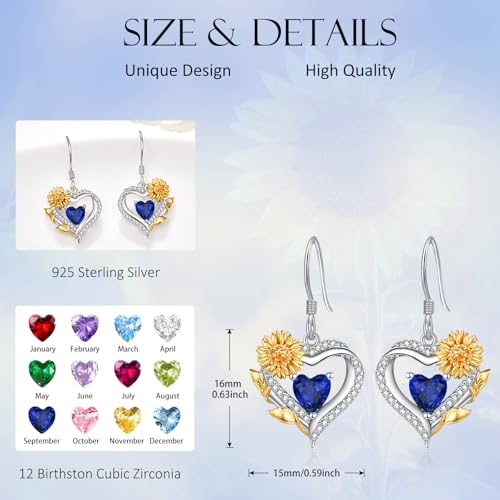 AENEAS Sunflower Birthstone Earrings for Women Sterling Silver Sunflower Heart Dangle Drop Earrings Flower Jewelry for Mom Wife Her3