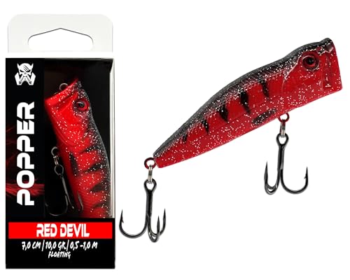 Wild Devil Baits Popper Wobbler Floating Hardbait Oberflächenköder Topwater Schwimmend Kunstköder Raubfisch (Red Devil)