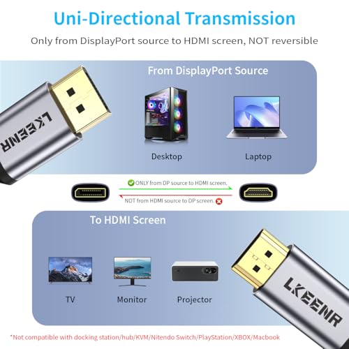 Image of 4K DisplayPort to HDMI, 5ft Uni-Directional DP (Source) to HDMI (Display) 1.4 Cable, 4K@30Hz, 2K@60Hz, 1080P Full HD, Braided Cord for Dell, NVIDIA, AMD, Monitor, Projector