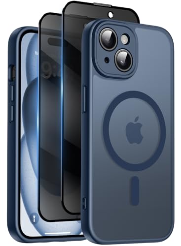 Qasyfanc Coque Magnétique pour iPhone 15 avec 2 Verre Trempé Anti-Espion, Compatible avec MagSafe, Étui Mat Translucide Arrière Housse Antichoc Anti-Rayures, Bleu