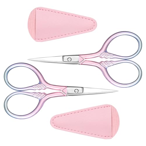 2 Pcs Pink Eyebrow Scissors for Women Small Scissors 3.67 Inch Professional Cosmetic Lash Scissorses Trimming with Stainless Steel Straight Tip for Eyebrows Hair Nose Hai Beard