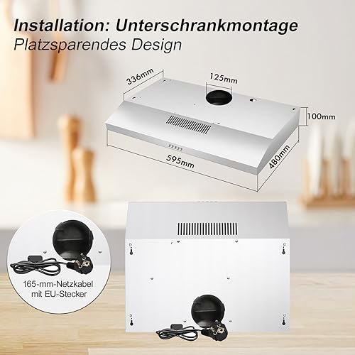TopStrong Dunstabzugshaube 60cm Unterbau, Dunstabzugshaube 60cm Umluft/Abluft 201 m³/h, abzugshaube mit Aktivkohlefilter CF-K, Edelstahl, 3 Stufen, 2W LED-Licht