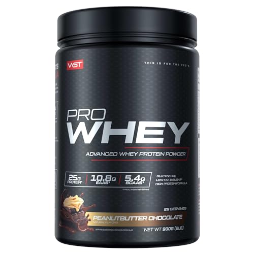 VAST PRO Whey – Polvere proteica premium con 24 g di proteine per la costruzione muscolare, instantiata per una perfetta solubilità, con isolato di siero ricco di BCAA ed EAA, 900 g (burro di peanut