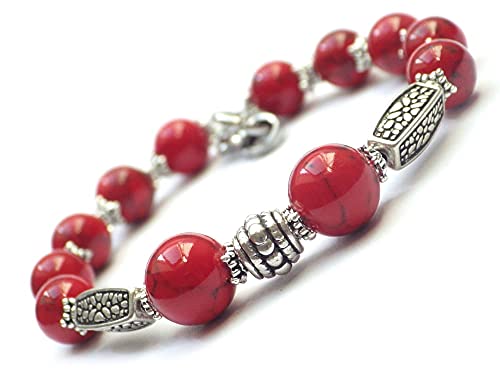 Bracciale da donna in perle tibetane ricostituite rosse con turchese e argento