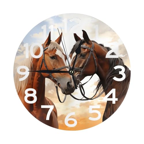 NTVOWPZO Horloge murale de 25,4 cm avec chevaux - Horloge murale silencieuse et ronde sans tic-tac - Pour salon, cuisine, maison, bureau