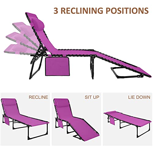 Abccanopy Adjustable Outdoor Folding Chaise Lounge Chair 3 Reclining Positions With Pillow And Pockets For Patio Lawn Beach Pool Sun Sunbathing, Radiant Orchid #TOP2