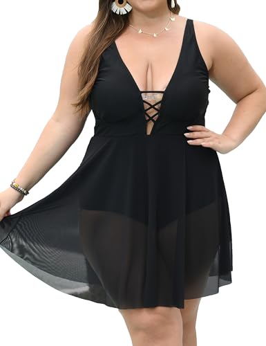 Plus Size Swimdress for Curvy Women Mesh Romper Swimsuit Deep V Neck One Piece Bathing Suits Ladies Swimwear 2025