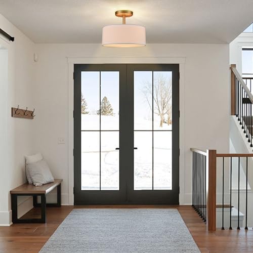 Image of Modern 3 Light Gold Drum Semi Flush Mount Ceiling Light | Ceiling Mount Light Fixture for Hallway Bedroom Entryway Foyer Office