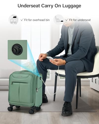 Image of Hanke 45CM Small Soft Shell Cabin Trolley Bags, 8 Silent Spinner Wheels,Charging Port, 8 Storage Compartments, Lightweight Compact Carry-On Luggage for Short Trips & Overnight Use,Forest Green