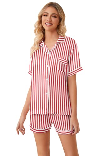 Image of Umeyda Women & Girls Pajamas Set, 2 Piece PJS Satin Silk Sleepwear Button-Down Top with Shorts for Mom Kids Gifts