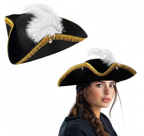 Liitrsh Tricorn Pirate Hat with Feather Buccaneer Colonial Tricorn Hat Adult Renaissance Halloween Costume Party(Black,White)