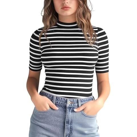 Zengjo High Neck Striped Short Sleeve Top Cover