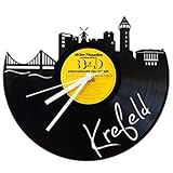 GRAVURZEILE Schallplattenuhr - Skyline Krefeld - Wanduhr aus gegossenem Vinyl mit Stadt Skyline 30 cm - Upcycling Design-Uhr Wand-Deko Vintage-Uhr Wand-Dekoration Retro-Uhr - Made in Germany